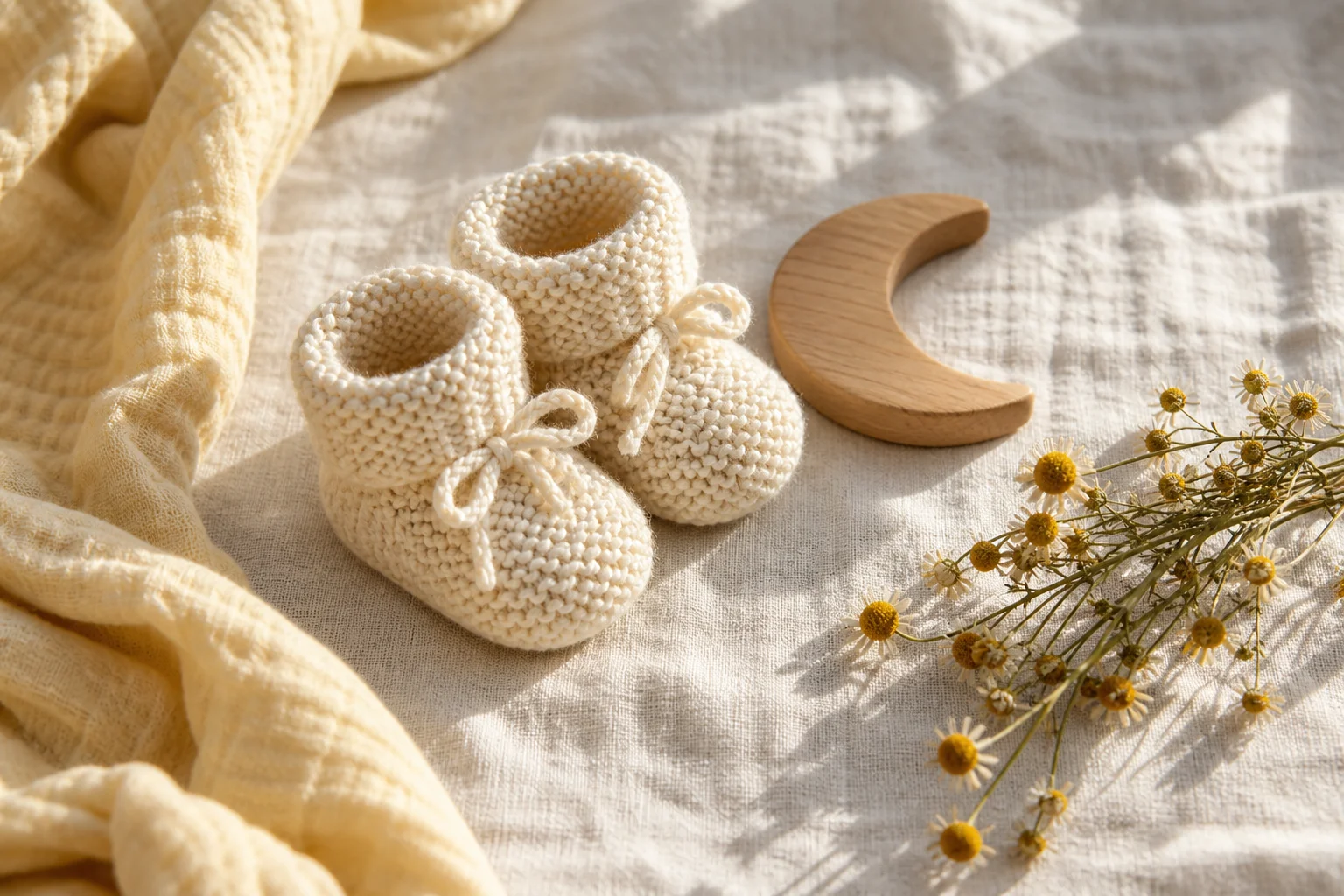 Cream knitted baby booties and a wooden moon toy on soft linen
