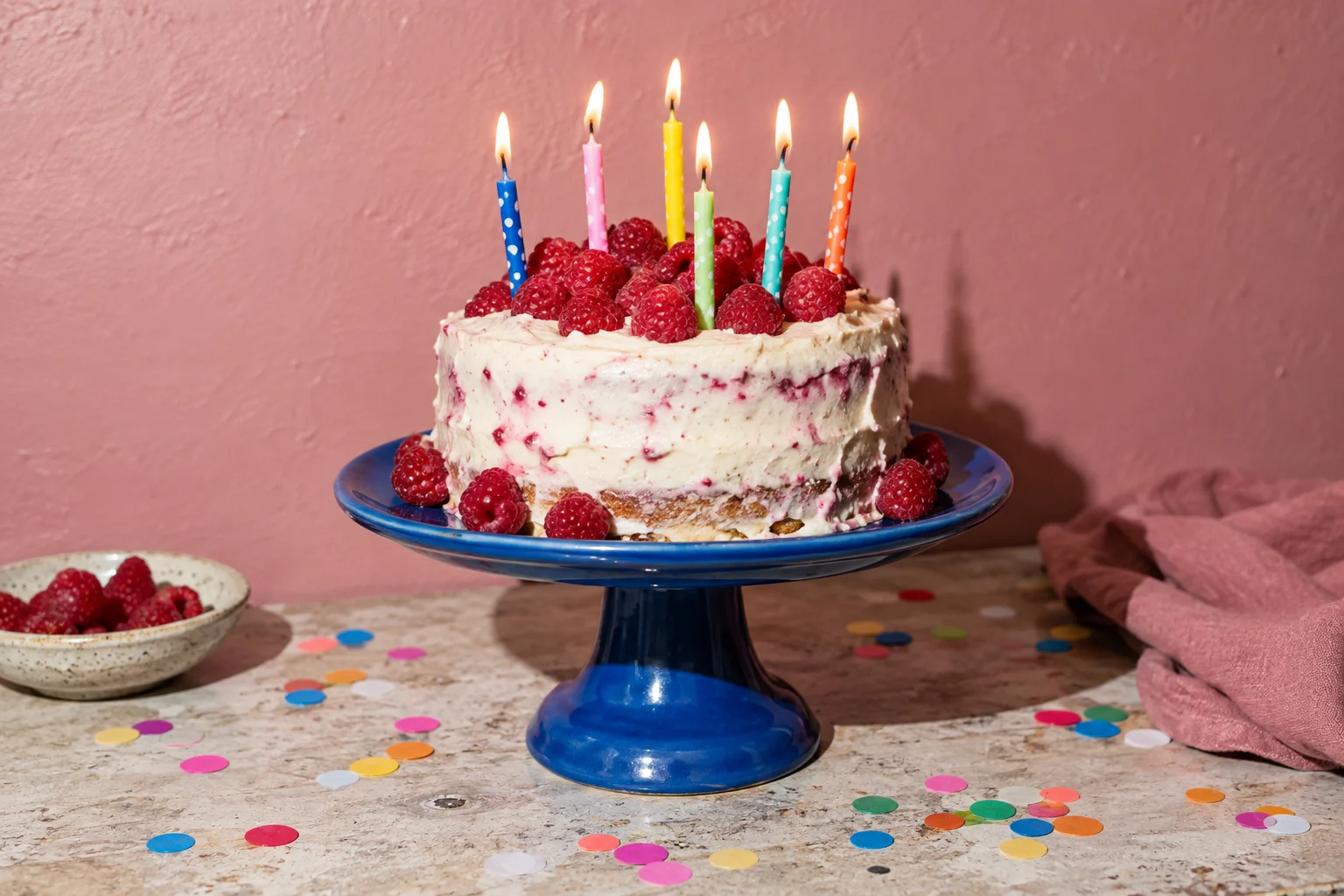 Birthday cake with colourful candles, raspberries and confetti on a blue stand