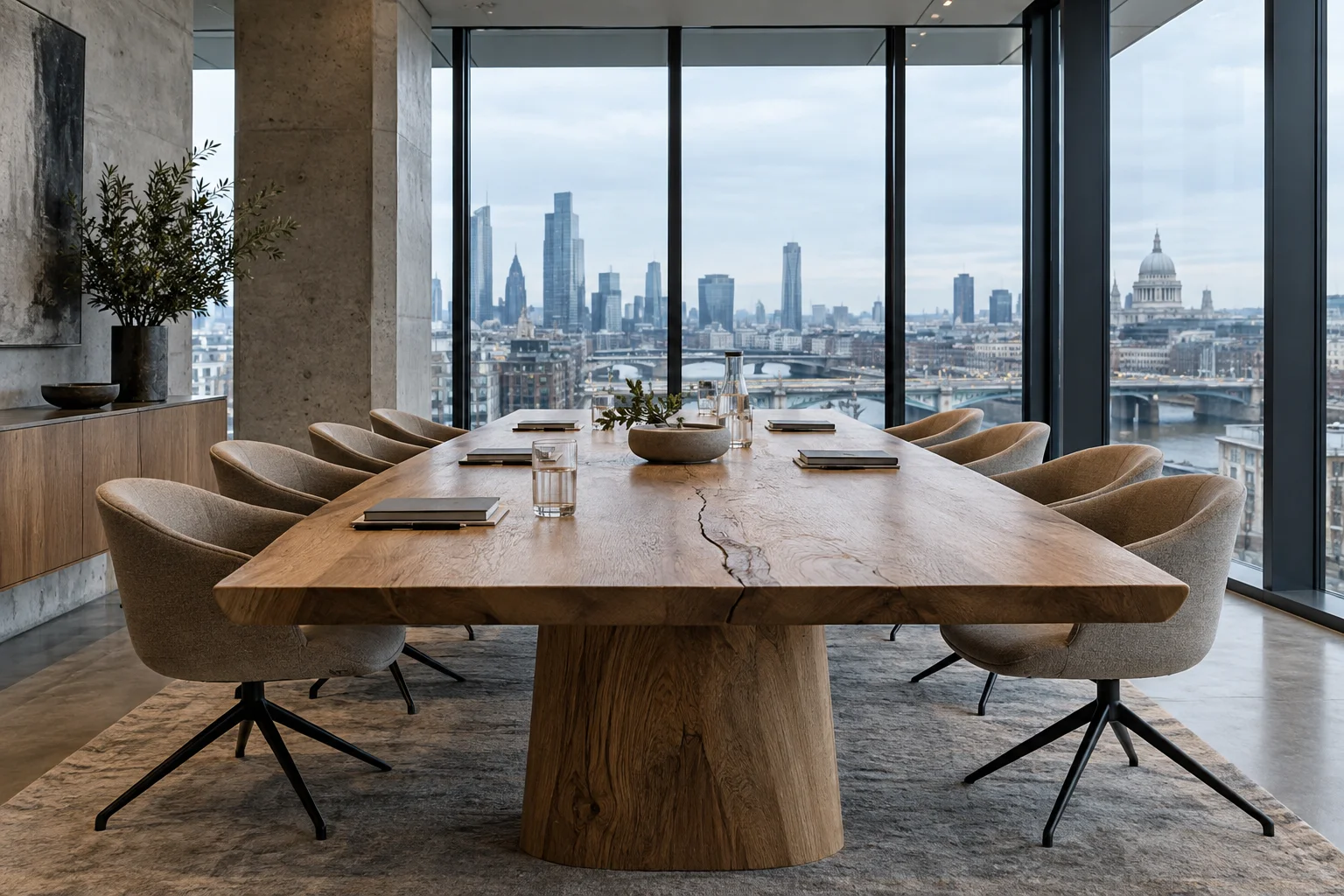 Contemporary meeting space with an oak table, notebooks and city windows