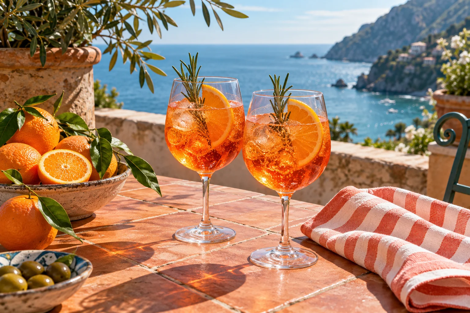 Citrus drinks and oranges on a sunlit Mediterranean terrace