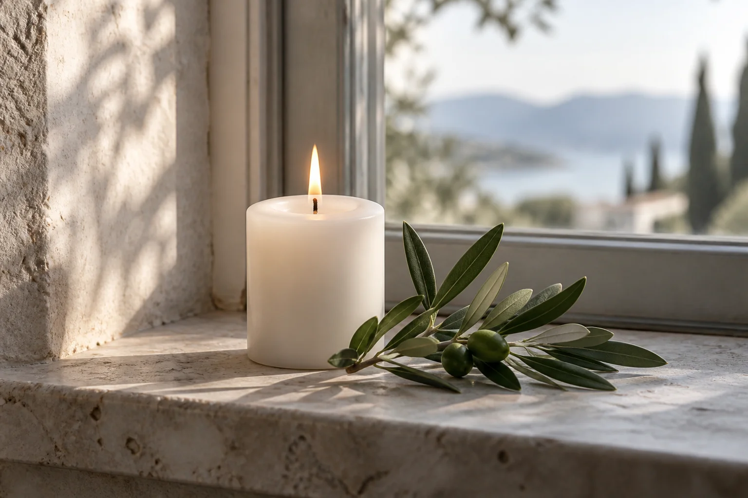A white candle and an olive branch on a quiet stone windowsill