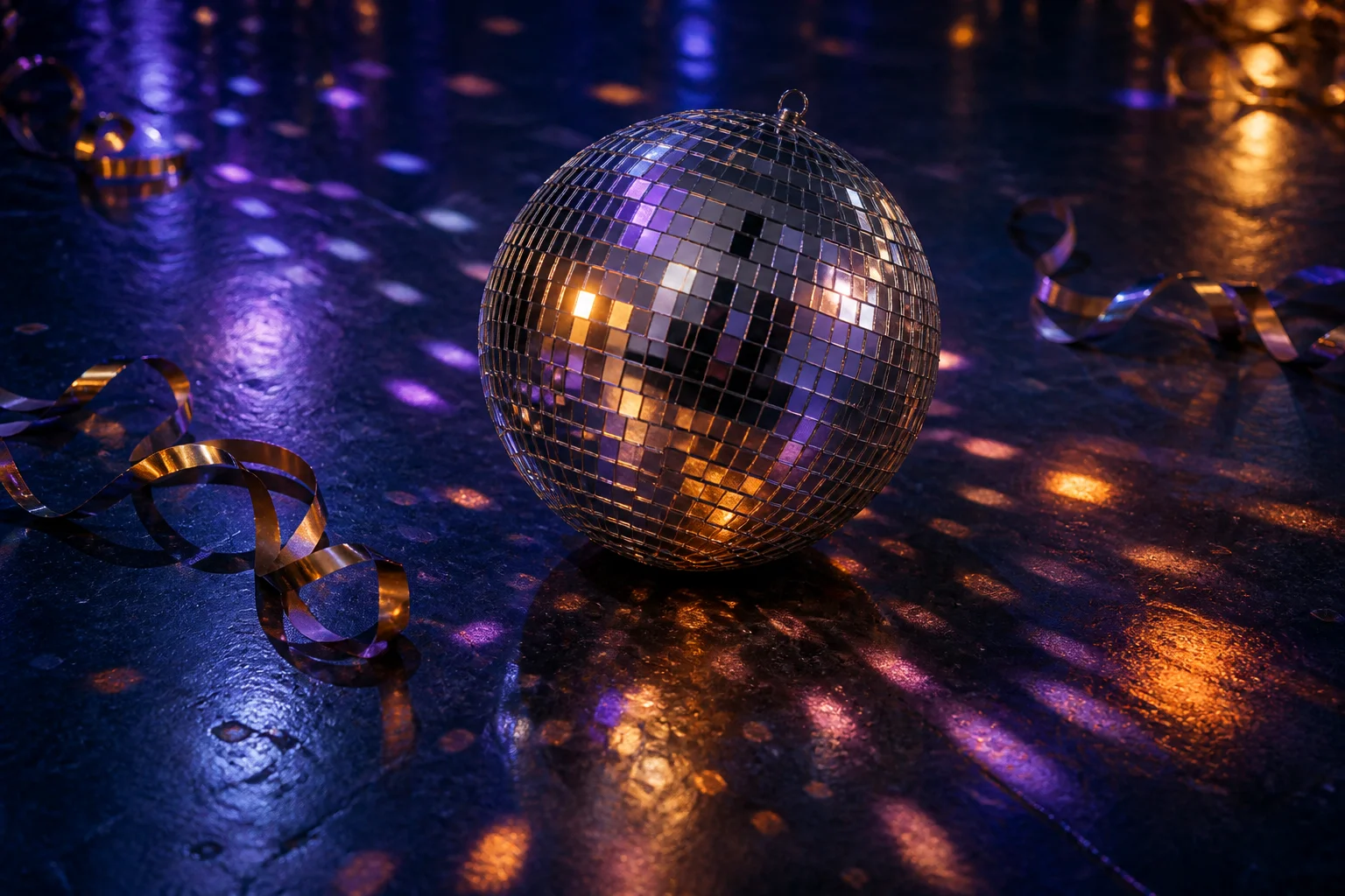 Silver disco ball reflecting violet and amber light on a dark dance floor