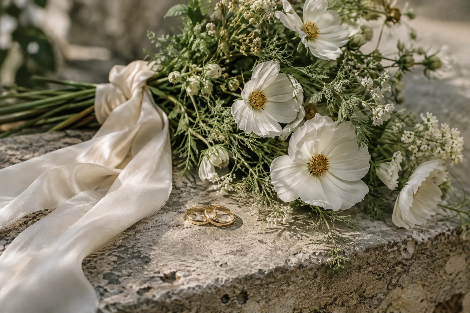 White wedding flowers, ivory ribbon and two gold rings on limestone