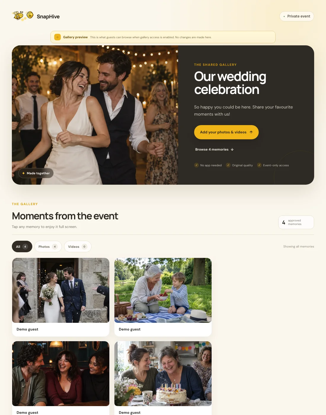 Actual SnapHive guest gallery with example photos