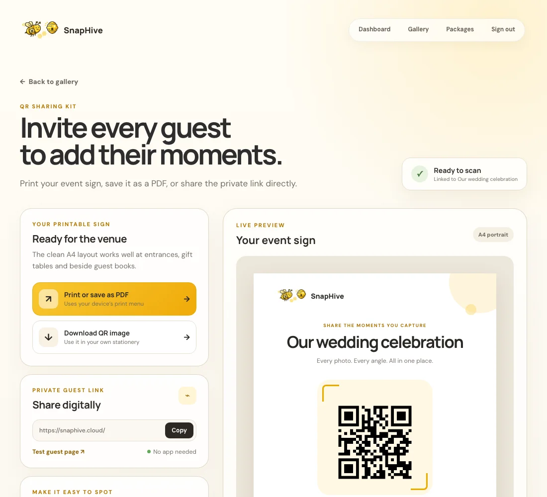 SnapHive printable QR page for a demo event