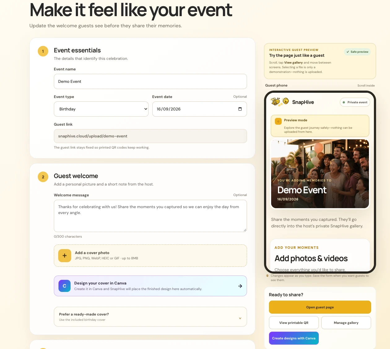 SnapHive event settings with a live guest phone preview
