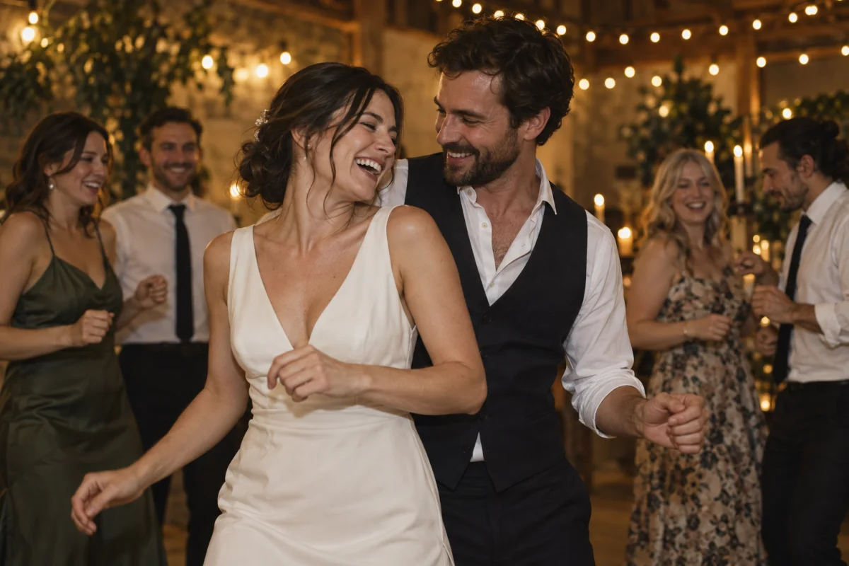 A newly married couple laughing and dancing at their wedding reception